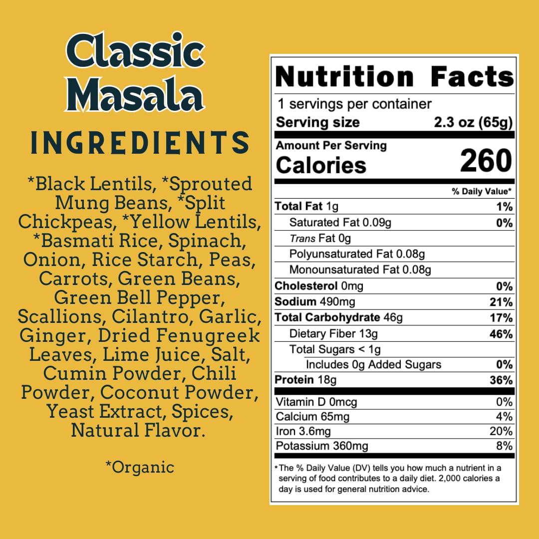 Aahana's Classic Masala - Sprouted Power Bowl- Gluten-Free, High Protein| High Fiber | Oil Free, Sugar Free, Vegan Meals, Plant-Based, Meals Ready-to-Eat Vegetarian Food | No Refrigeration (6 Pack)