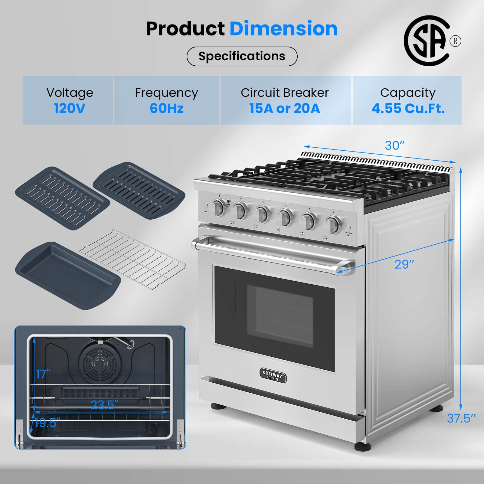 Costway 30" Natural Gas Range 120V with 5 Burners Cooktop & 4.55 Cu.Ft. Convection Oven