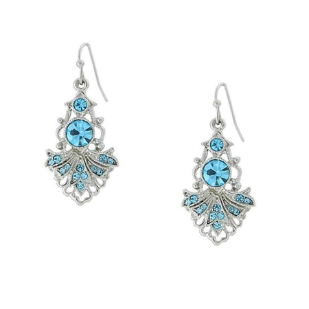 1928 Jewelry Silver-Toned Aquamarine Color Crystal Vintage Costume Drop Earrings