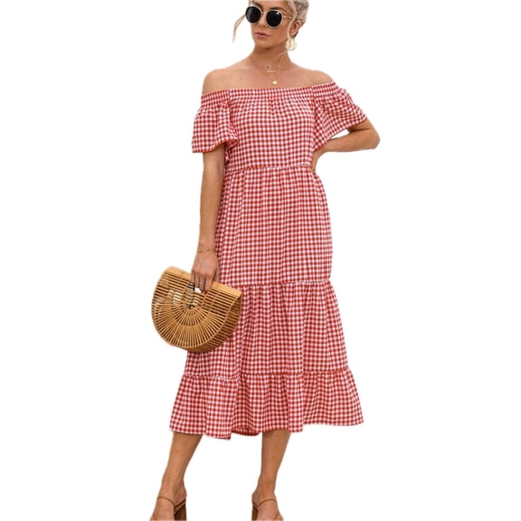Women's Plaid Off Shoulder Tiered Midi Dress Flutter Short Sleeves Ruffle Neckline A Line Hem 95% Polyester 5% Spandex