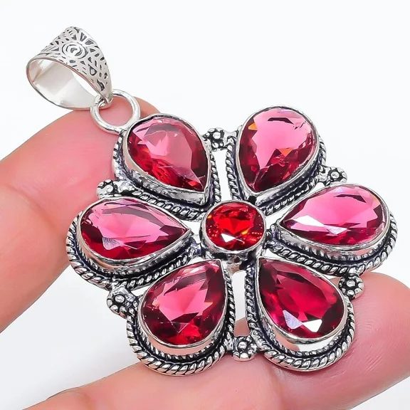 Pink Rubellite Gemstone Handmade 925 Sterling Silver Jewelry Pendant Size 2.5"