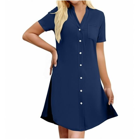 MGDXOX Button Down Sleepshirts Women V Neck Nightgown Short Sleeve Nightdress Loose Loungewear Comfy Sleepwear with Pockets Dark Blue XL