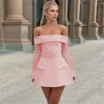 thumbnail image 6 of Women Mini Dress Off Shoulder Long Sleeve A Line Dress Short Formal Dresses Party Clubwear Pink M, 6 of 8