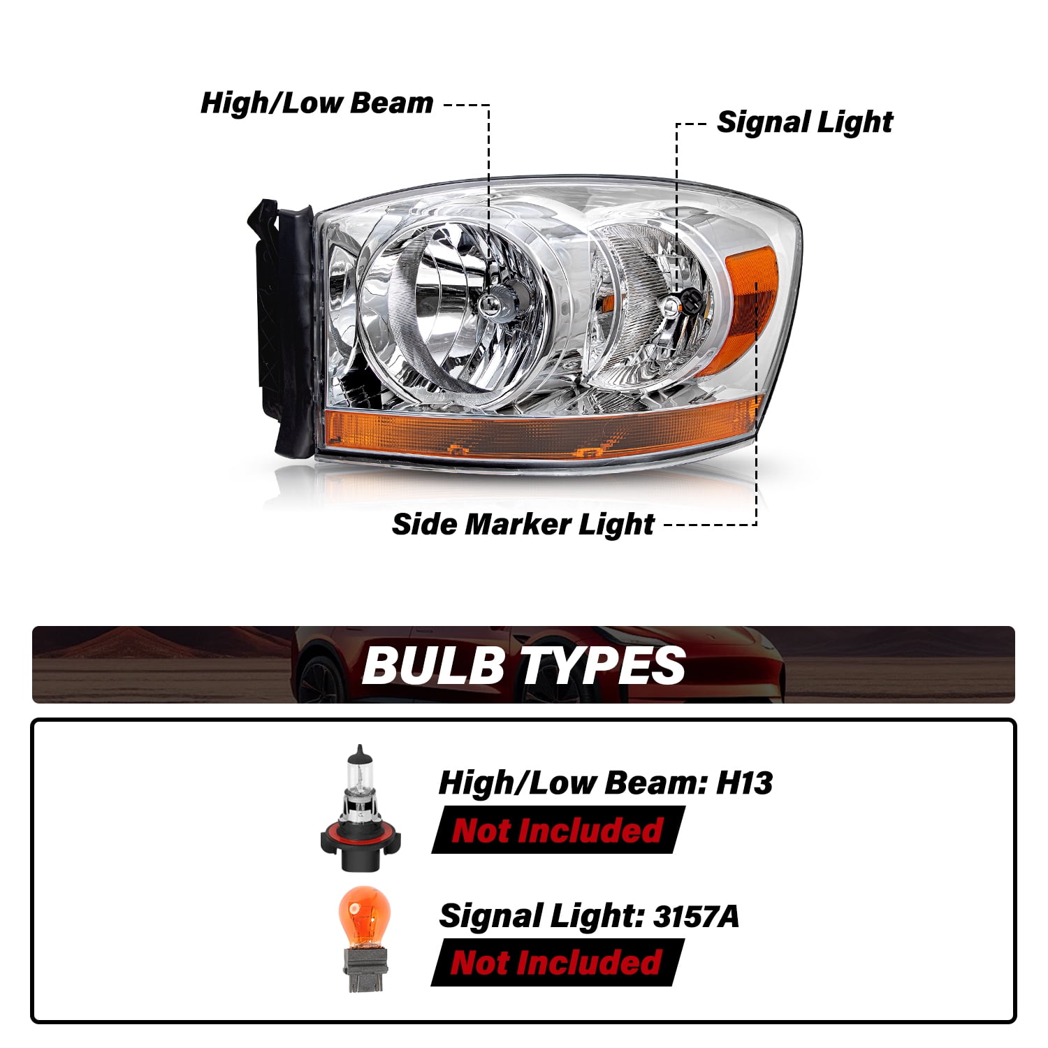 For 2006-2008 Dodge Ram 1500 2500 3500 w/Chrome Bezel Headlights Assembly Lamps