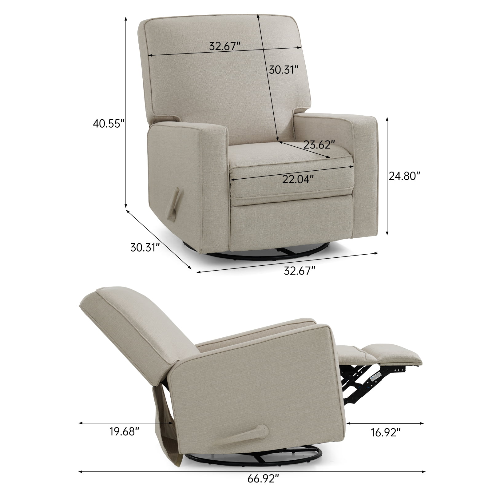 MERITLIFE 360 Rocking Swivel Recliner Chair,Upholstered Fabric Manual Reclining Recliner, Extra Large Footrest for Reading,Nursery Glider Chair(Beige)
