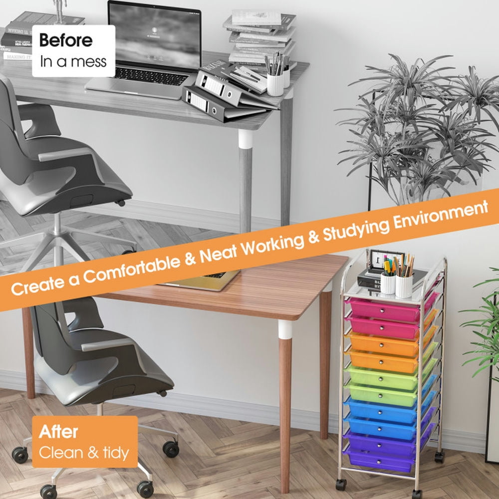 Demi Bonn 10 Drawer Rolling Storage Cart Organizer with 4 Universal Casters, Transparent Multicolor