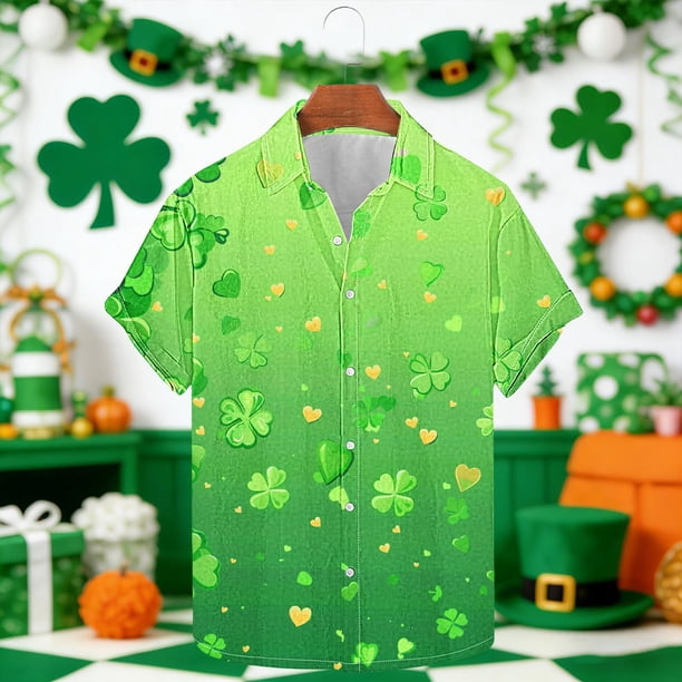 Ceisia Men's St. Patrick's Day Gradient Shamrock Heart Print Short Sleeve Turndown Collar Stretch Casual Shirt Multicolor M Gifts