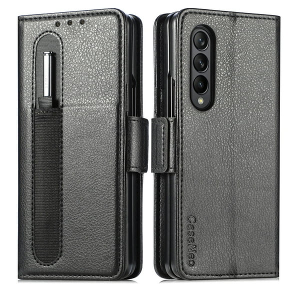 Galaxy Z Fold 4 Wallet Case with S Pen Holder, PU Leather Folding Phone Cover for Men Women, Card Slot PC Inner Case Magnetic Flip Kickstand Cover for Samsung Galaxy Z Fold 4 5G, Black