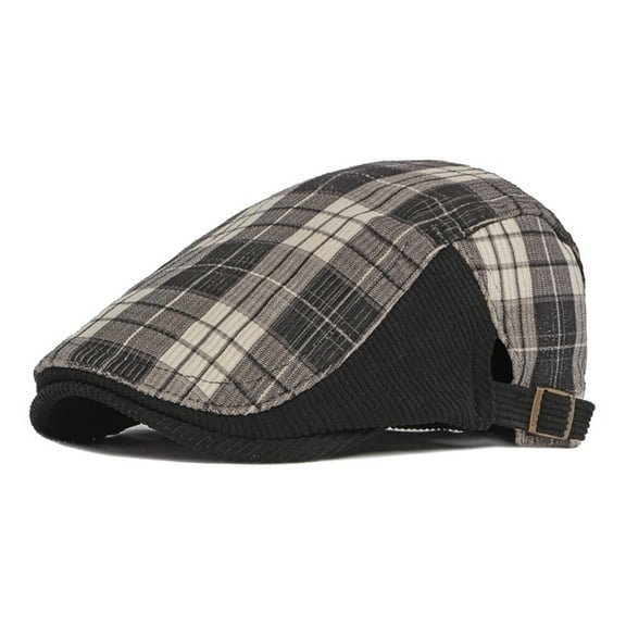 Plaid Print Patchwork Color Adjustable Buckle Beret Hat Flat Peaked Male Forward Cap