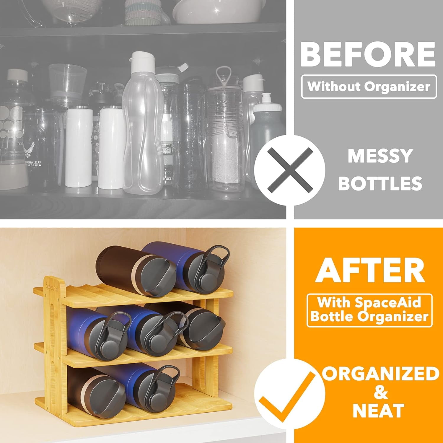 SpaceAid Bamboo Water Bottle Organizer with Labels, 3-Tier Stackable Bottle Holder