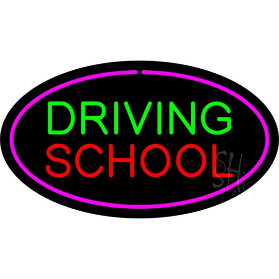 Driving School Purple Oval LED Neon Sign 13 x 24 - inches, Clear Edge Cut Acrylic Backing, with Dimmer - Bright and Premium built indoor LED Neon Sign for automotive store, and mall.