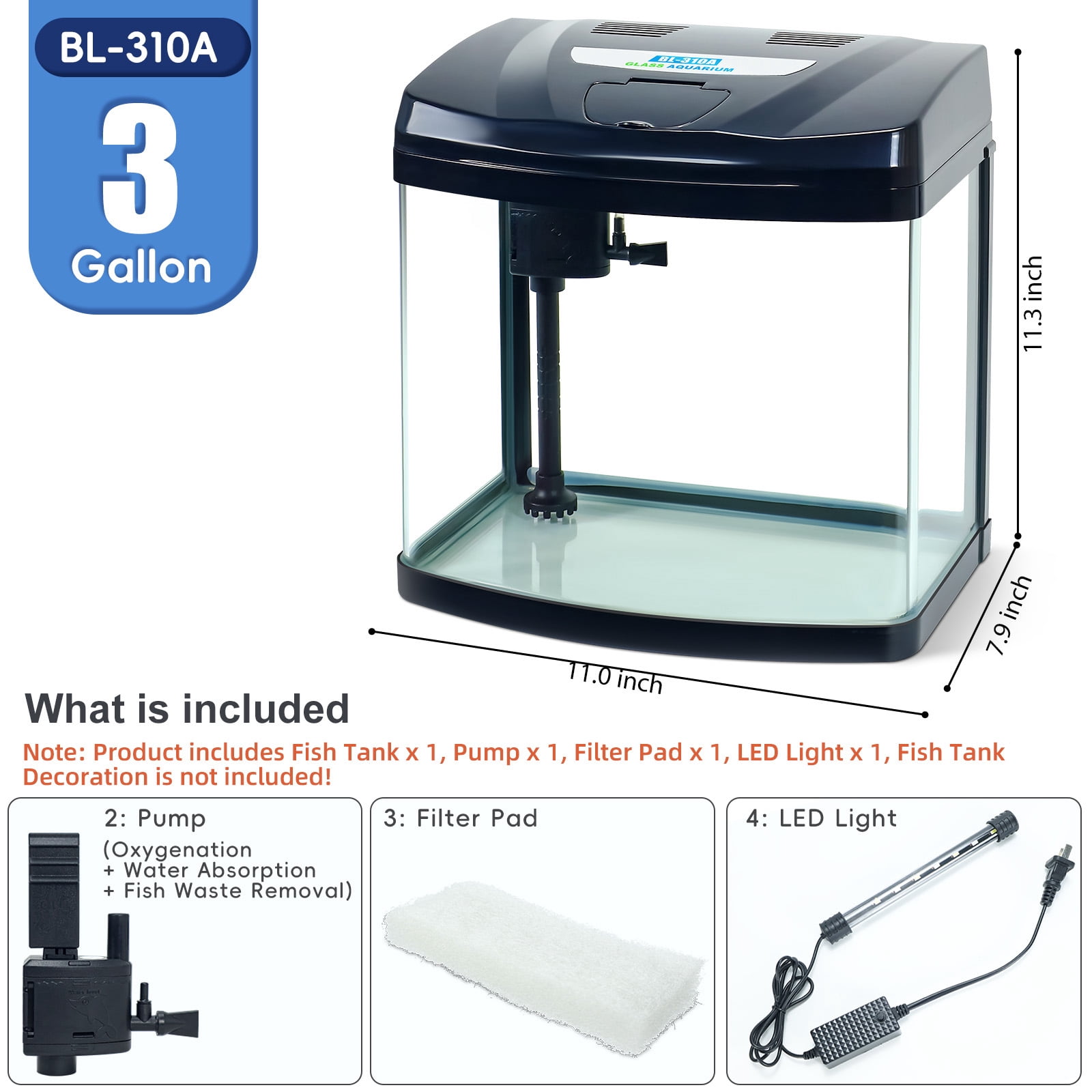 3 Gallon Betta Fish Tank Kit with Eco-Cycle Filtration & LED Lighting – Glass Aquarium Featuring Flip-Top Feeding Port, 360° Clear View, Air Pump, and Integrated Filter