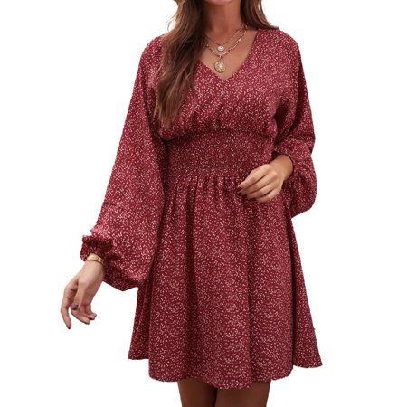 

A Line Fashion V Neck Women Dress Beachwear Long Sleeves Breathable Polka Dot