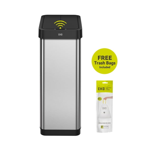 EKO Phantom Kitchen Trash Can, 13.2 Gallon Brushed Stainless Steel Motion Sensor Garbage Bin, Silver with Sample Trash Bags Included