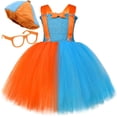 thumbnail image 2 of Disfraz de Blippi para niñas pequeñas, dibujos animados en inglés, conjunto de ropa con tutú naranja y azul cielo, sombrero, gafas y tirantes, 2 of 5