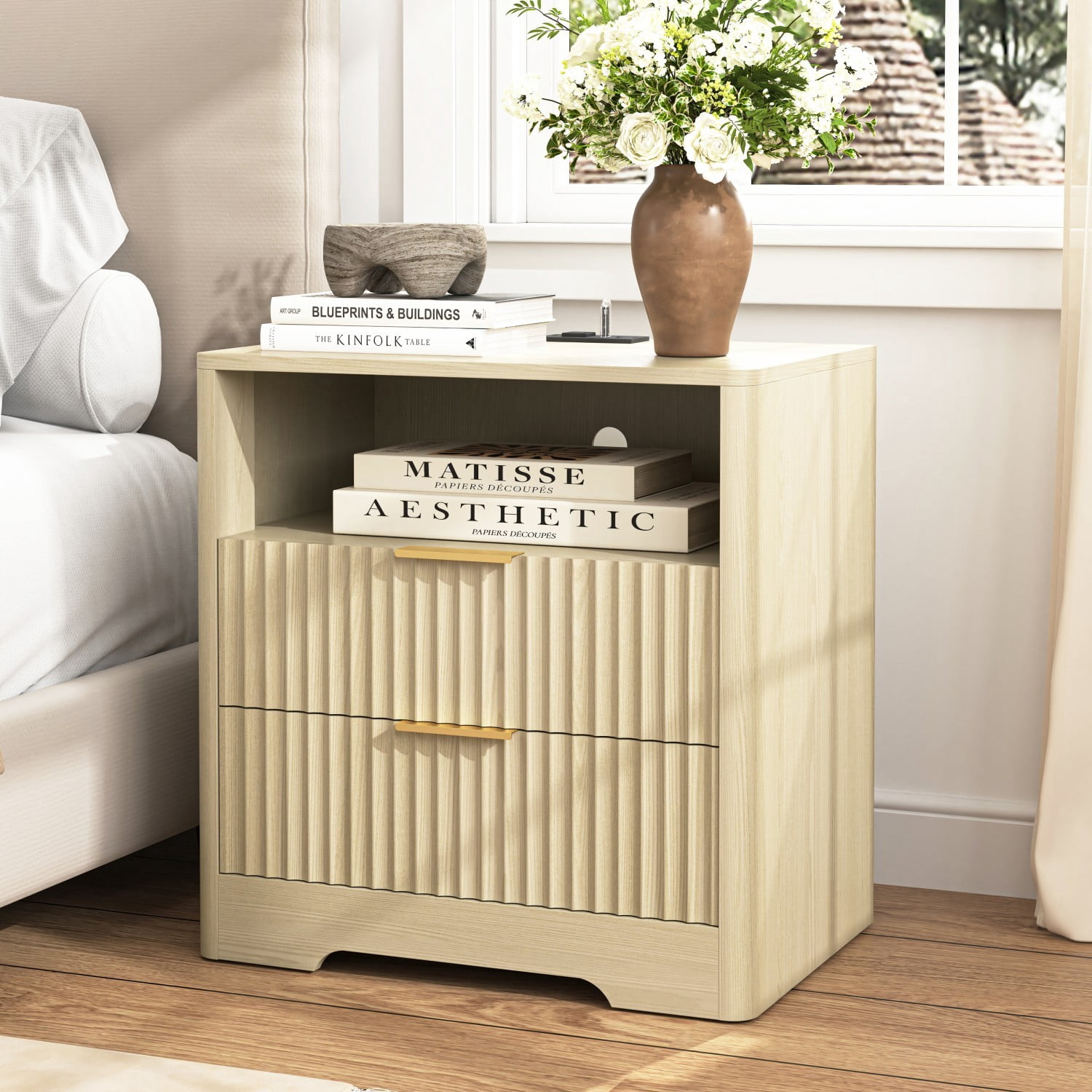 Nightstand with Charging Station and Voice Control Night Light, Modern Bedside Table with Storage Cabinet, Wood Night Stand for Bedroom, Living Room