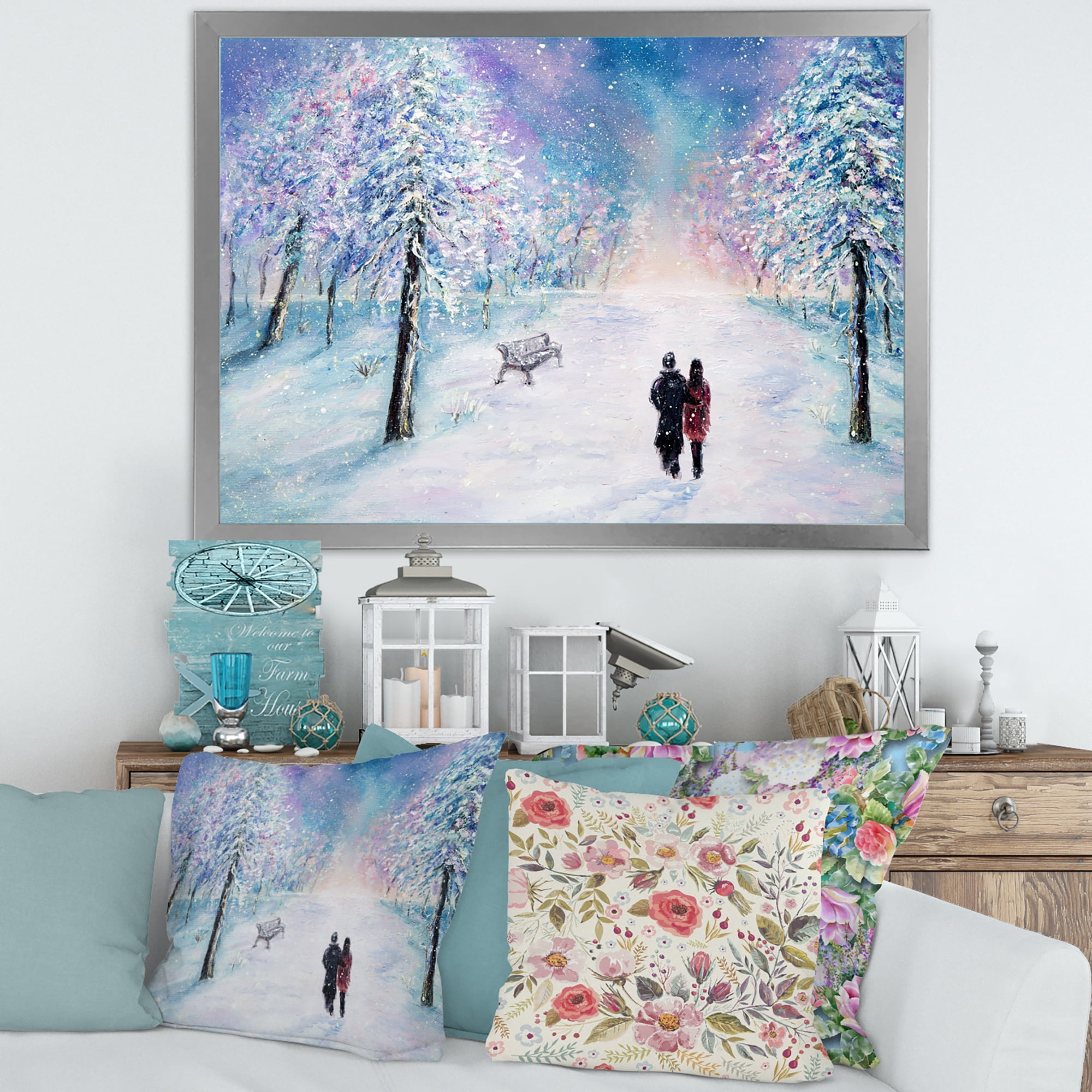 Couple In Love Walks During Snowy Winter Times 40 in x 30 in Framed Painting Canvas Art Print, by Designart