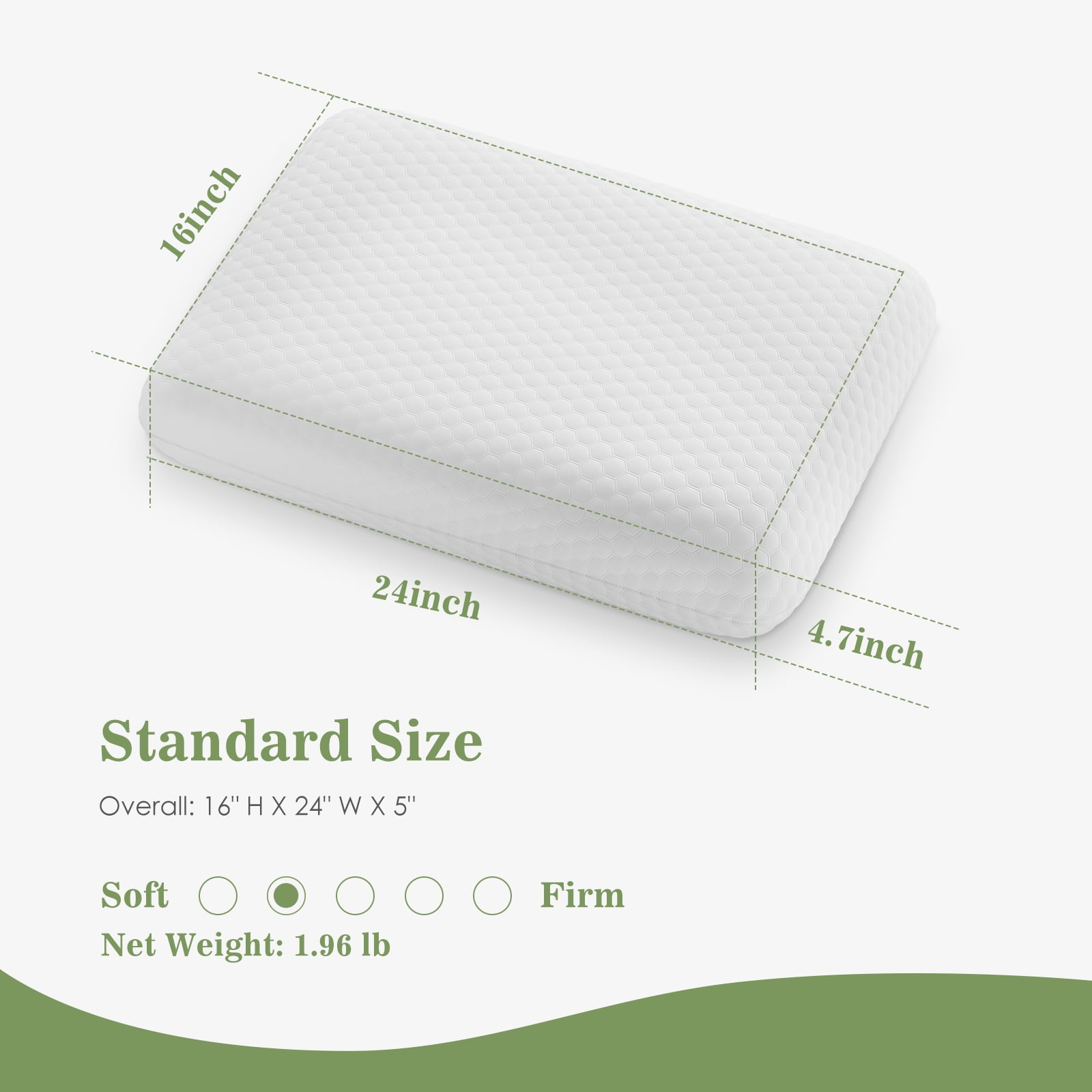 GIANNA Memory Foam Pillow for Sleeping, 24"D x 16"W x 4.7"H, Soft Supportive Hotel Pillow for Bed, Washable Cover, Set of 2