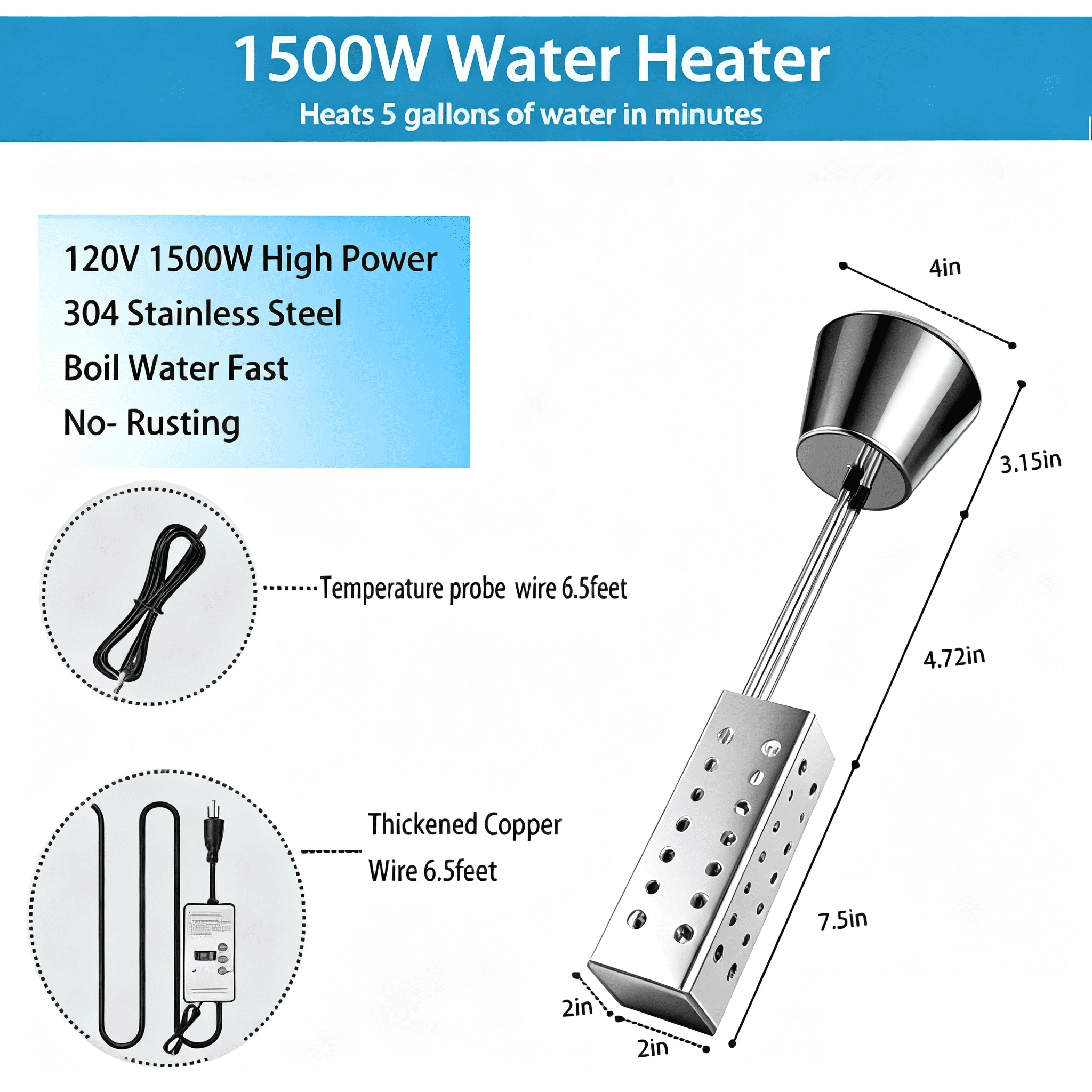 Immersion Water Heater with Thermostat - 1500W Floating Bucket Heater with Timing Temperature Control Setting Auto Shut-Off 304 Stainless-Steel Guard Water Heater for Bathtub, Garden