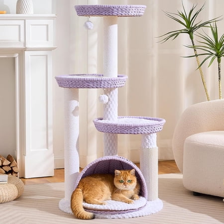 HITTITE Modern Cat Tree Tower with Scratching Post 46 Inches Tall Cat Towers with Woven Cat Nests and Cave Removable Cushions and Massage Brush for Indoor Cats Large Adult.