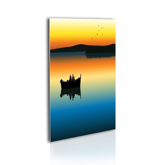 Fishing Acrylic Glass Wall Art, Buddies on Tranquil Still Lake at Epic Sunset Fishing Male Friends Bond Friendship, Decorative Accent for Living Room Bedroom &, 19" x 26", Orange Blue, by Ambesonne