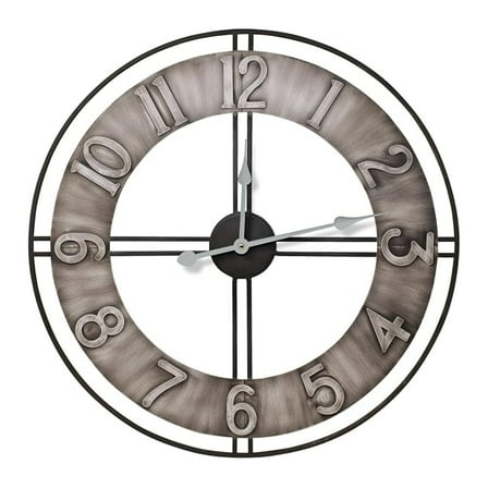 24 Inch Wall Clock Decorative - Gray Metal Analog Clock for Kitchen, Bedroom, Office - Silent Non-Ticking Round Clock with Large Numbers - Battery Operated Home Décor