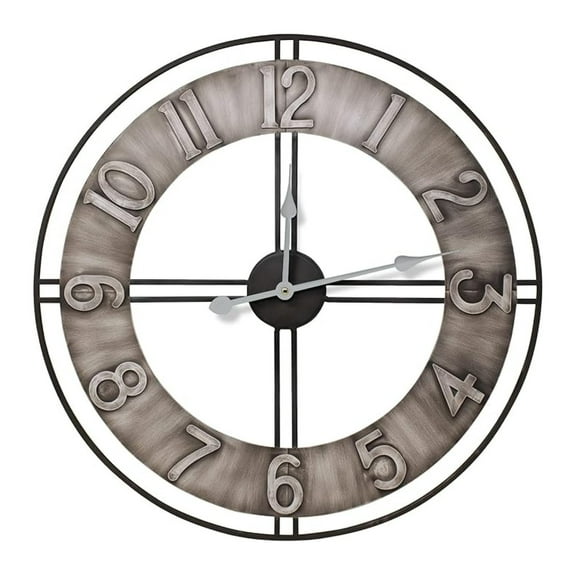 24 Inch Wall Clock Decorative - Gray Metal Analog Clock for Kitchen, Bedroom, Office - Silent Non-Ticking Round Clock with Large Numbers - Battery Operated Home Décor