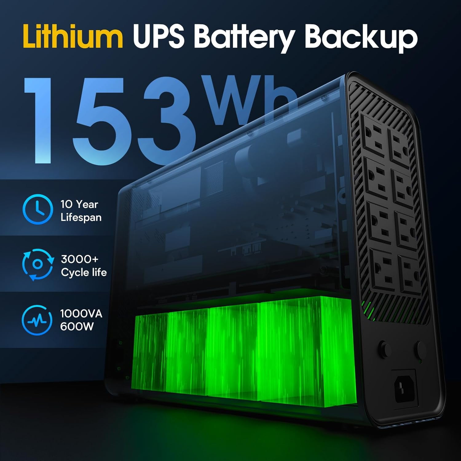 GOLDENMATE 1000VA / 600W Lithium UPS Battery Backup & Surge Protector with Pure Sine Wave Output, USB Auto-Shutdown, 8 Outlets and LCD Display