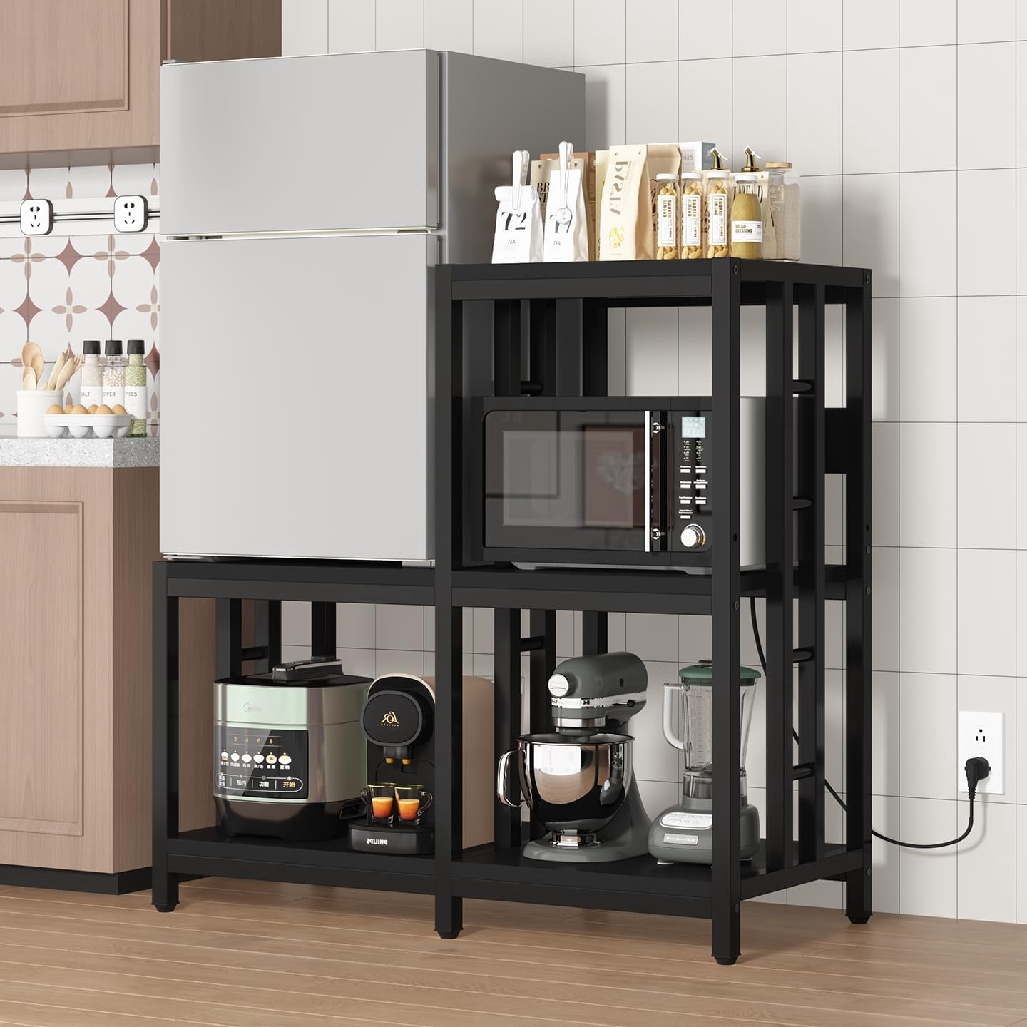 Mini Fridge Stand with Storage with Power Outlet, Microwave Oven Stand, Bakers Rack with Storage Shelf, Mini Fridge Cabinet, Mini Fridge Shelf for Kitchen, Living Room, Office, Patio.(Black)