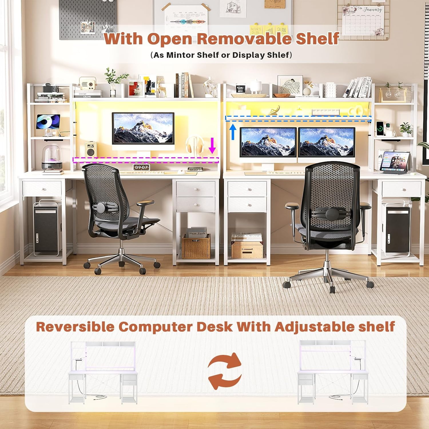 Homieasy Desk with Hutch & Power Outlets, 55.2'' Computer Gaming Desk with LED Lights and Drawers, Reversible Office Desk with Storage Shelves, Workstation Desk for Home & Office, White