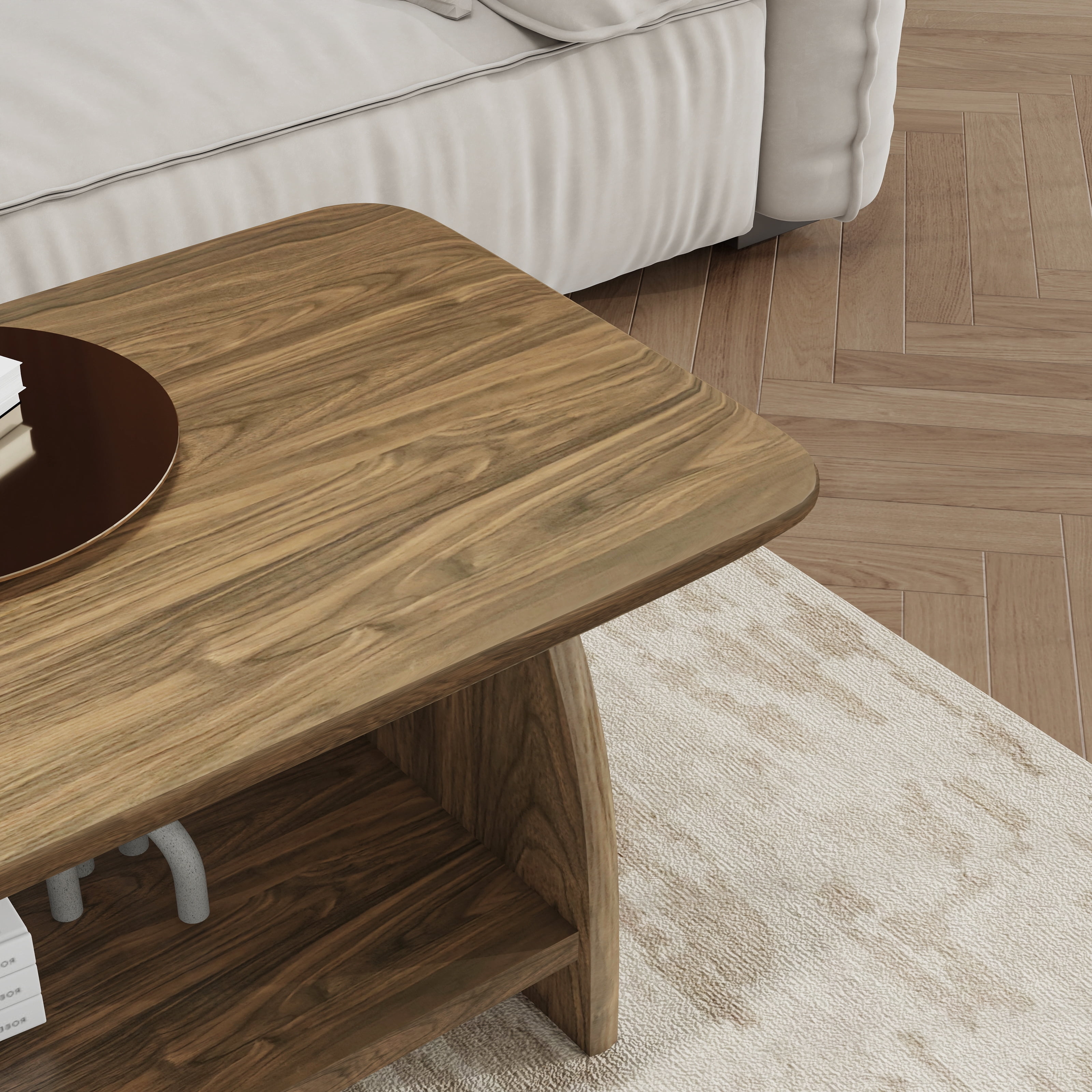 47" Modern Double Layer Rectangular MDF Coffee Table Rounded Corners Storage for Living Room Yellow