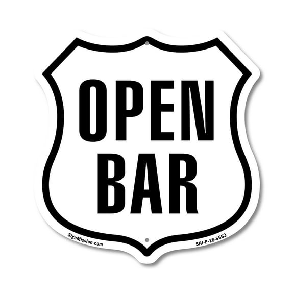 Open Bar 18 inch X 18 inch Shield Shaped Commercial Grade Plastic Sign Weather Resistant Made in the USA