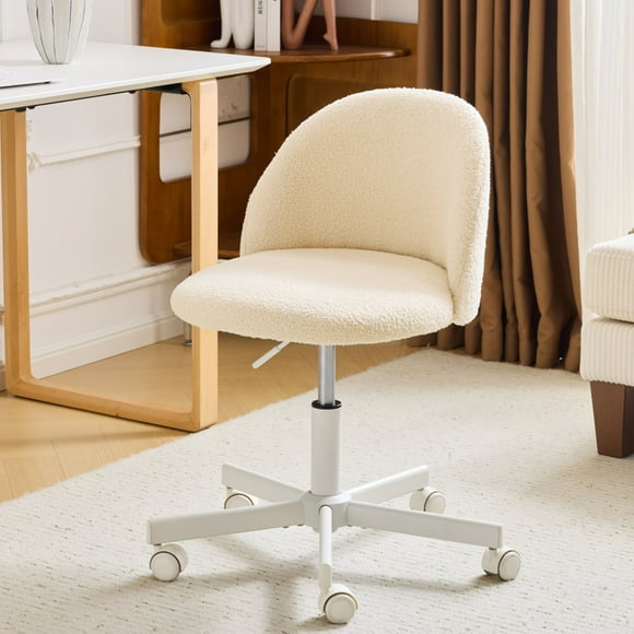 Ktaxon Armless Home Office Desk Chair Cute Mid Back Vanity Stool Teddy Velvet Swivel Task Chairs with Wheels Beige