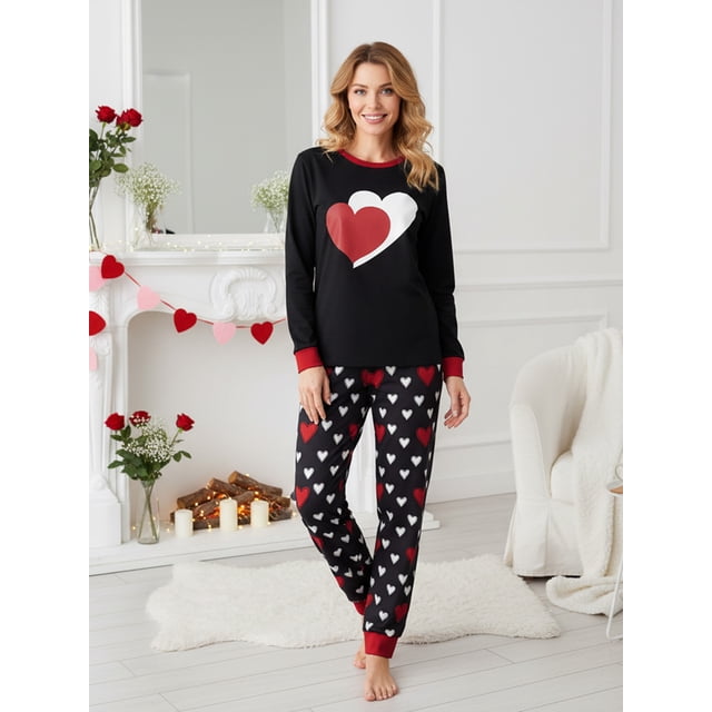 Argulvti Valentines Day Matching Family Pajamas Set Stylish Love Heart Pattern Family Matching Outfits