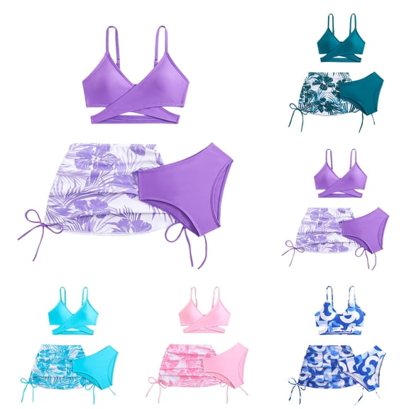 Pandaie Girl's 3 Piece Floral Swimsuit Cute V Neck Bikini Set Ruched High Waisted Bathing Suit with Drawstring Beach Cover up Skirt 9-10 Years Blue