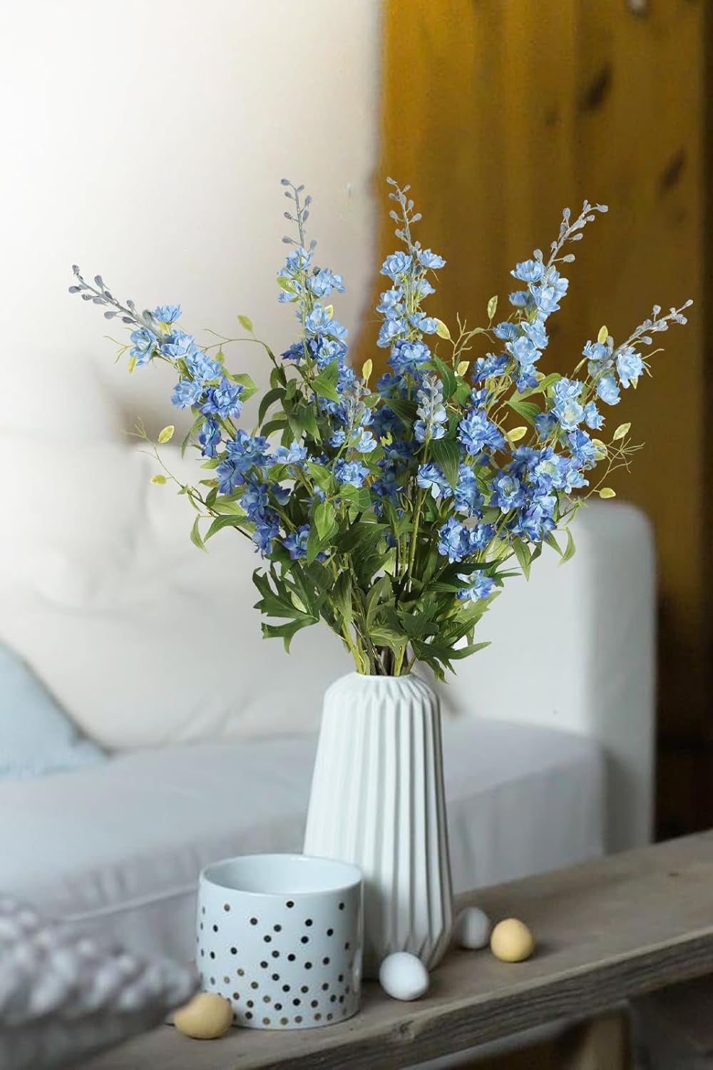 Blue Silk Flowers 9Blue Delphinium Artificial Flowers Combo Clematis Greenery 33.5" Long Stem Flowers for Tall Vase Bluebonnet Decor Floral Centerpiece Bridal Bouquets for Wedding (Blue)