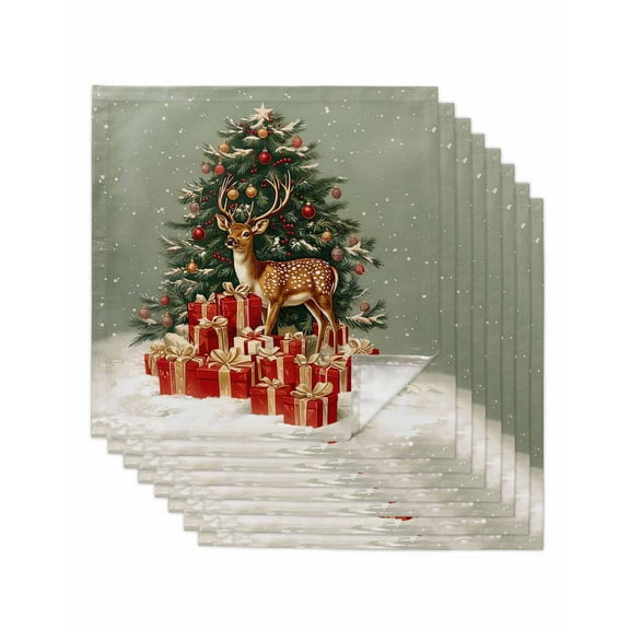Green Christmas Cloth Napkins Set of 8, Xmas Elk Tree Snowflake Washable Reusable Dinner Cocktail Napkin for Kitchen Party Wedding Banquet Holiday Baby Shower Table Decor