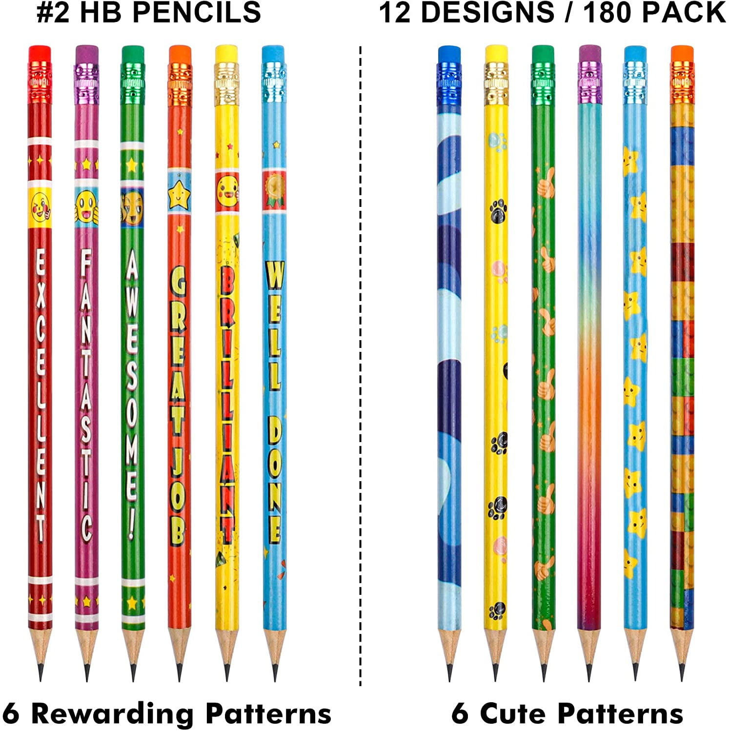 Assorted Colorful Pencils, Shuttle Art 180 Pack Pencils Bulk with 12 Designs, 2 HB, Pre-Sharpened Awards and Incentive Pencils for Home
