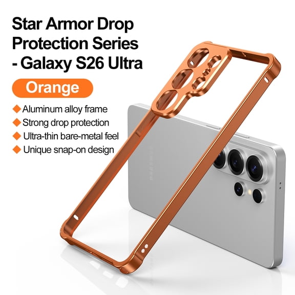 ELEHOLD Case for Samsung Galaxy S26 Ultra, Shockproof Aluminum Bumper Case with Metal Lens Cover, Snap-on Design, Orange