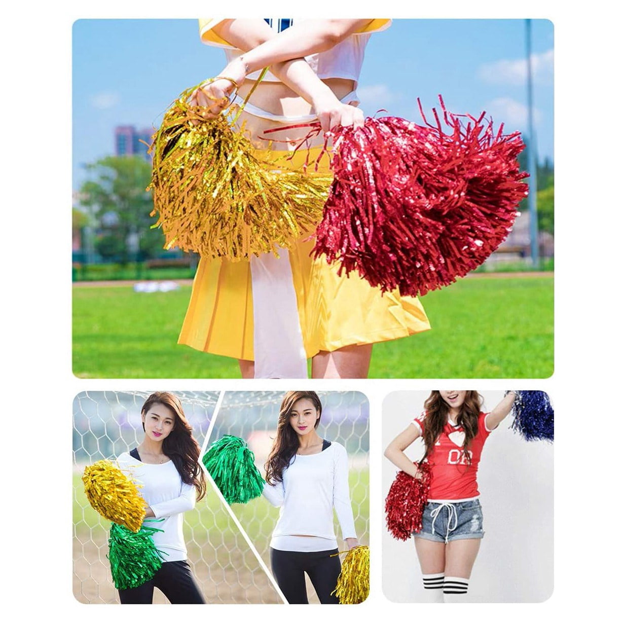 48Pcs Cheerleading Pom Poms Metallic Foil Cheer Pom Poms with Plastic Handle for Adults Kids Cheerleaders Yellow