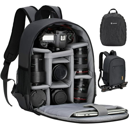 Camera Bag Professional Camera Backpack with Rain Cover Laptop Compartment Waterproof Photography Backpack Case for Women Men Photographers DSLR SLR Mirrorless Camera Lens Tripod Black TB-S