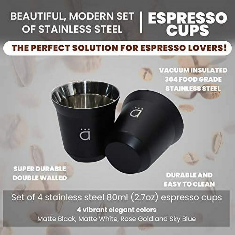 Kalmateh New Double Wall Insulated Stainless Steel Espresso Coffee Cup Set, Pack of Four - Heat Resistant Espresso Coffee Cups- 2.7oz 80ml (Matte