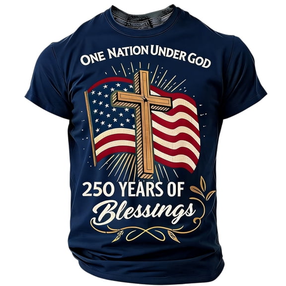 250 Years of Blessings T-Shirts for Men 1776-2026 Cross American Flag Print Patriotic Regular Fit Short Sleeve Crewneck 4th of July Casual Tees, #02 Navy, S