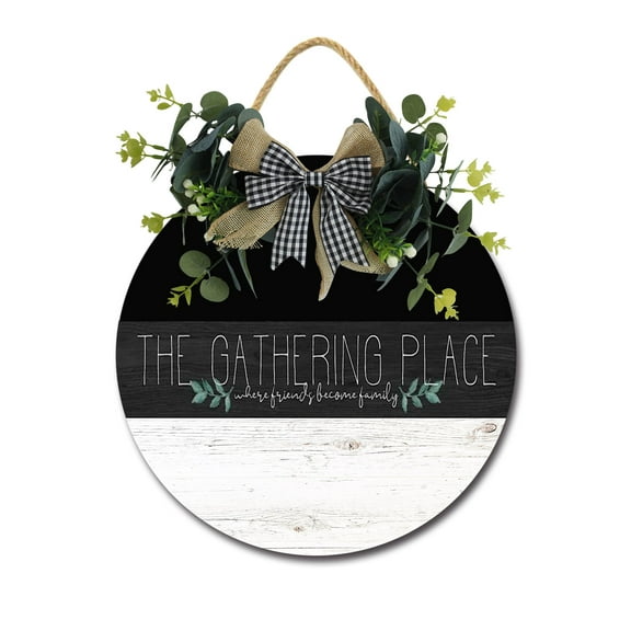 The Gathering Place Sign Farmhouse Wood Sign Front Porch Decor Rustic Wooden Sign Wall Decor Hanging Wooden Decorations with Bow-Knot for Home Porch Wall Door, 12 x 12 inch