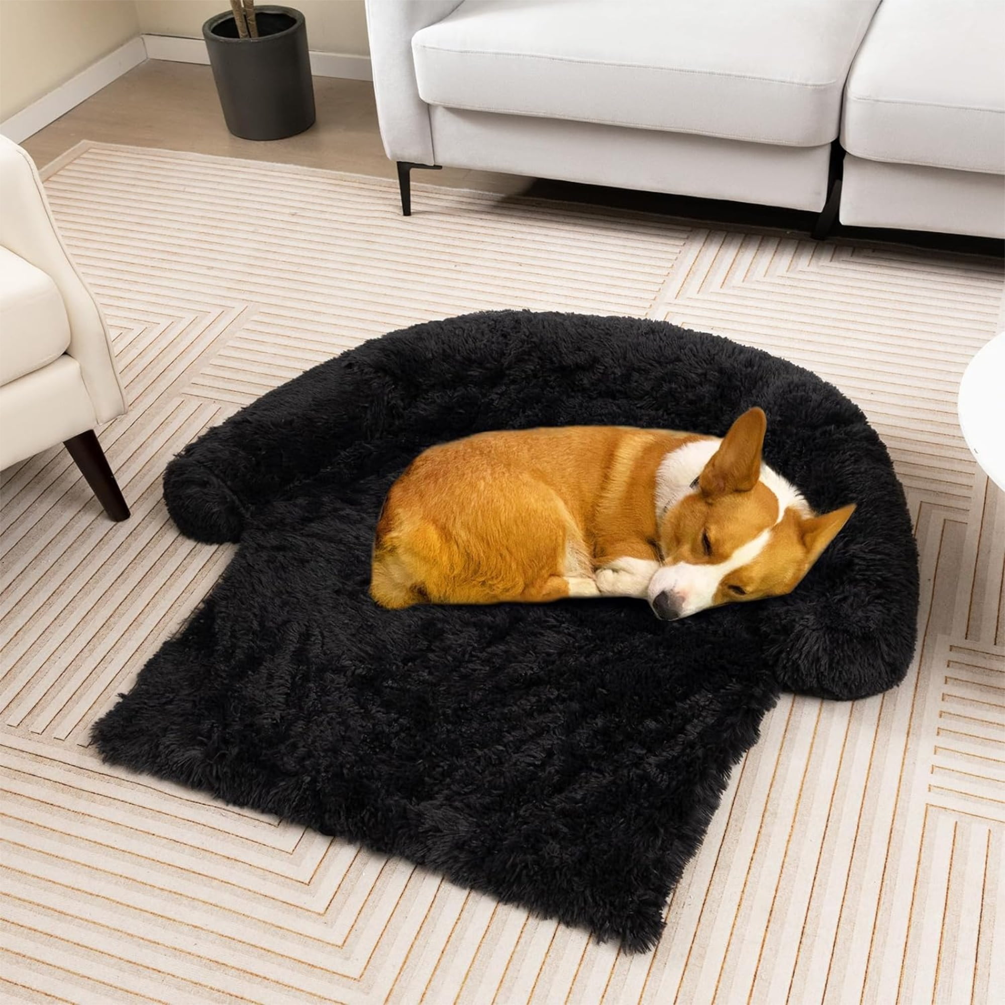 Kadyn 47" Plush Long Fur Dog Couch Bed, Dog Bed Mats with Anti-Slip Bottom, Washable Removable Couch Cover, Perfect for Medium and Large Dogs Cats, Black-L