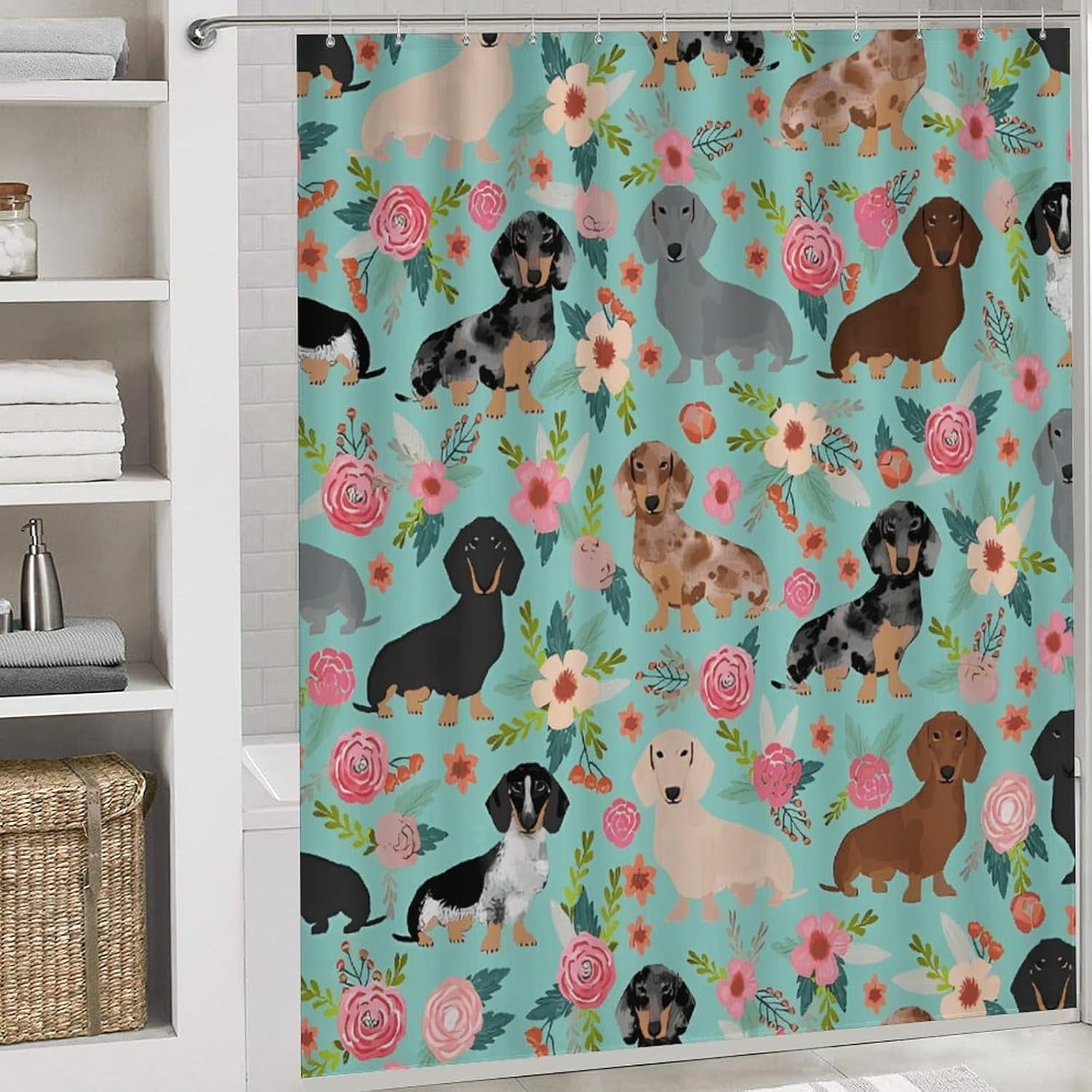 Bathroom Set,Dachshund Print Bathroom Rug Set,Bath Rug Set 4 Piece,Modern Shower Curtain Set with Shower Curtainand 12 Hooks
