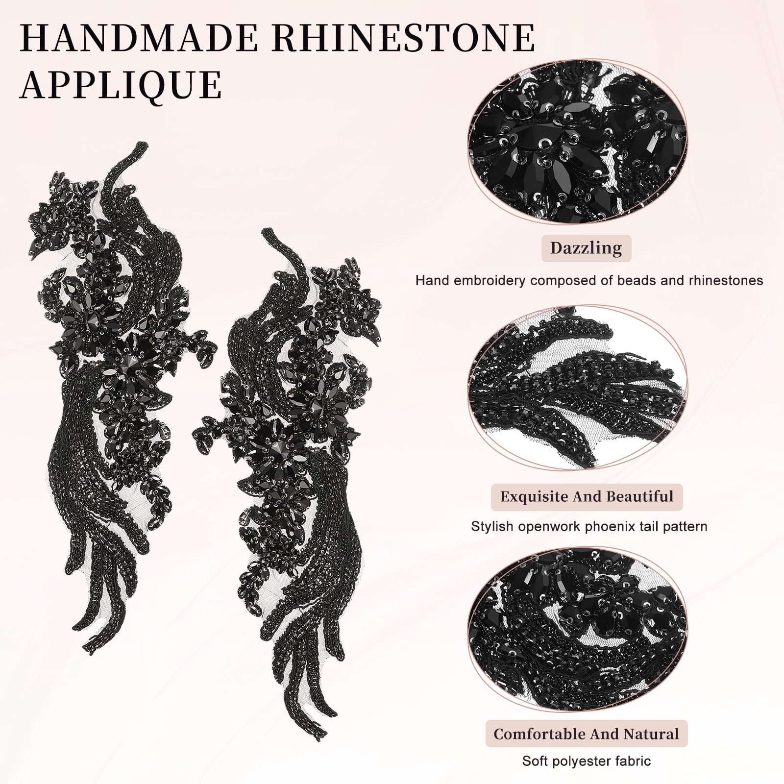 Uxcell 1 Pair Handmade Rhinestone Applique Patch, 14" x 5" Beaded Embroidery Sequin Patches for Sew on Wedding Dress Cloth DIY Crafts Decoration, Black