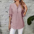 thumbnail image 7 of Vivianyo HD Women's V Henley Gingham Plaid Blouse, Adjustable Roll Tab Three Quarter Sleeve Shirt for Women, Spring Summer Casual Tunic for Grocery Runs and Neighborhood Walks, Sizes S-2XL, 7 of 7