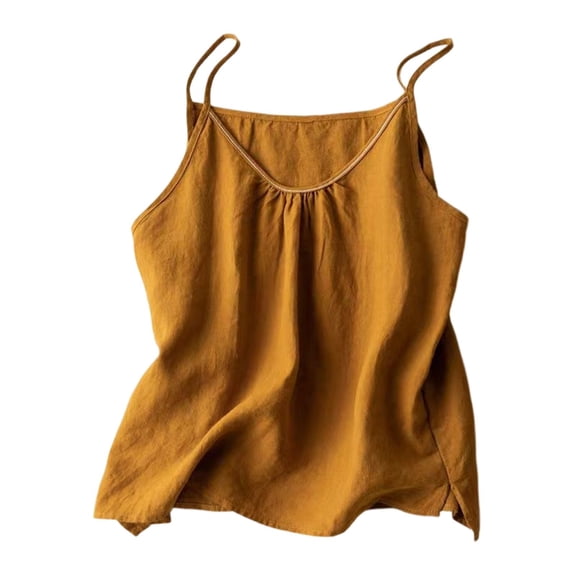 Garbnen Linen Tank Tops for Women Spaghetti Strap Sleeveless Womens Camisole Tank Tops Summer Beach Vacation Crew Neck Women Tunic Tops