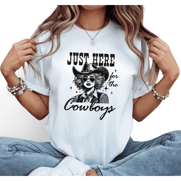 Women's "Just Here for the Cowboys" Retro Western Graphic Cotton T-Shirt Breathable Short Sleeve Round Neck Top White S-5XL